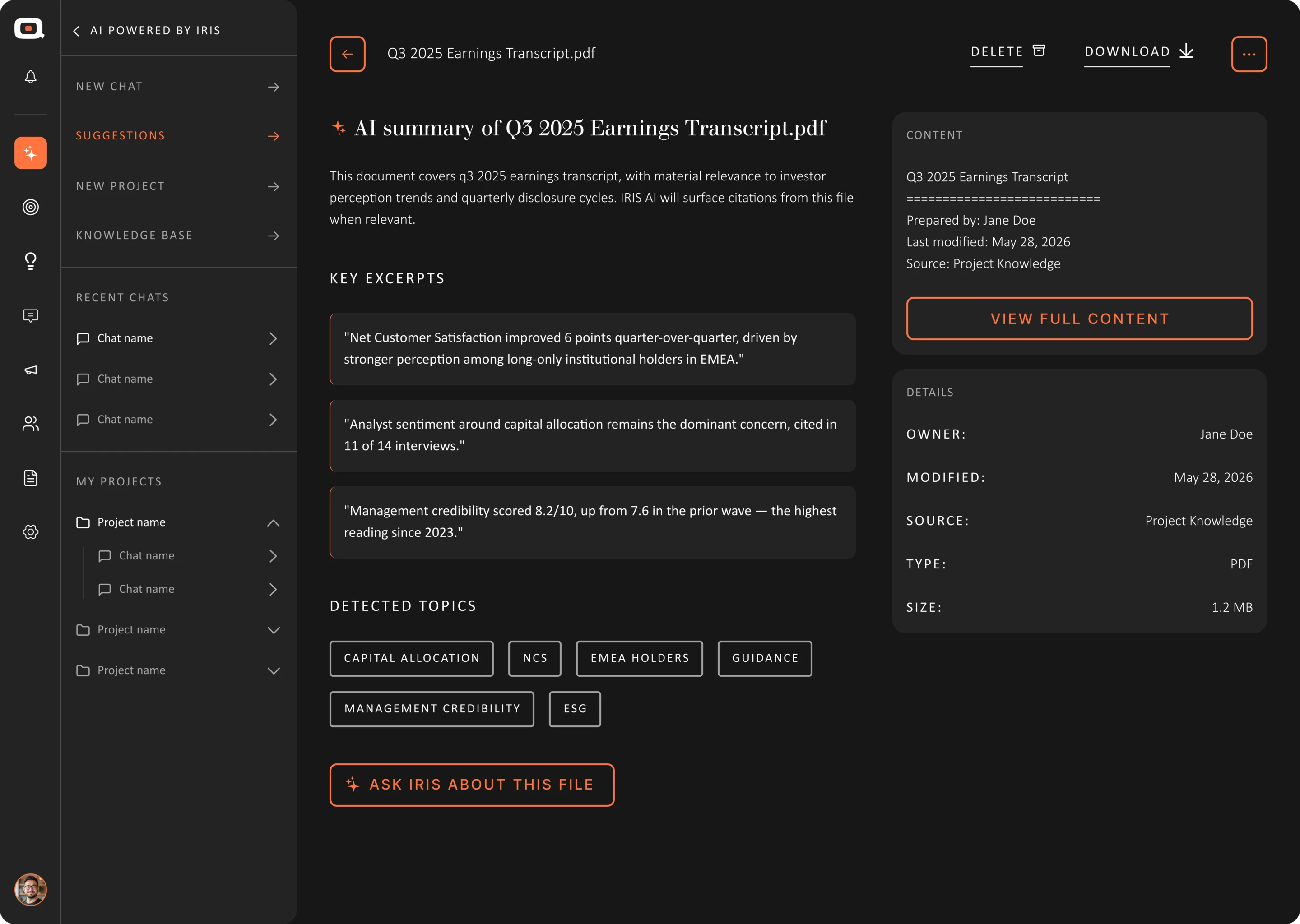 Iris document summary with cited records
