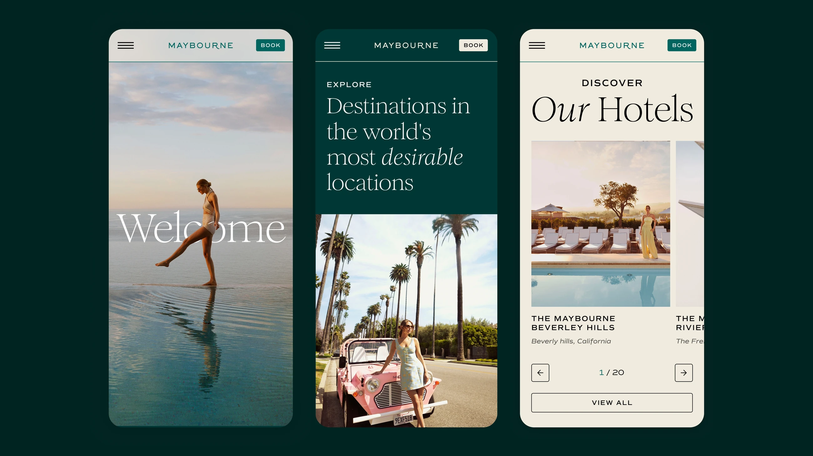 Maybourne welcome, destinations and our hotels screens on mobile