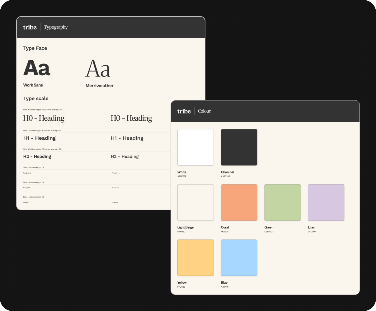 Tribe design system, typography scale and colour palette