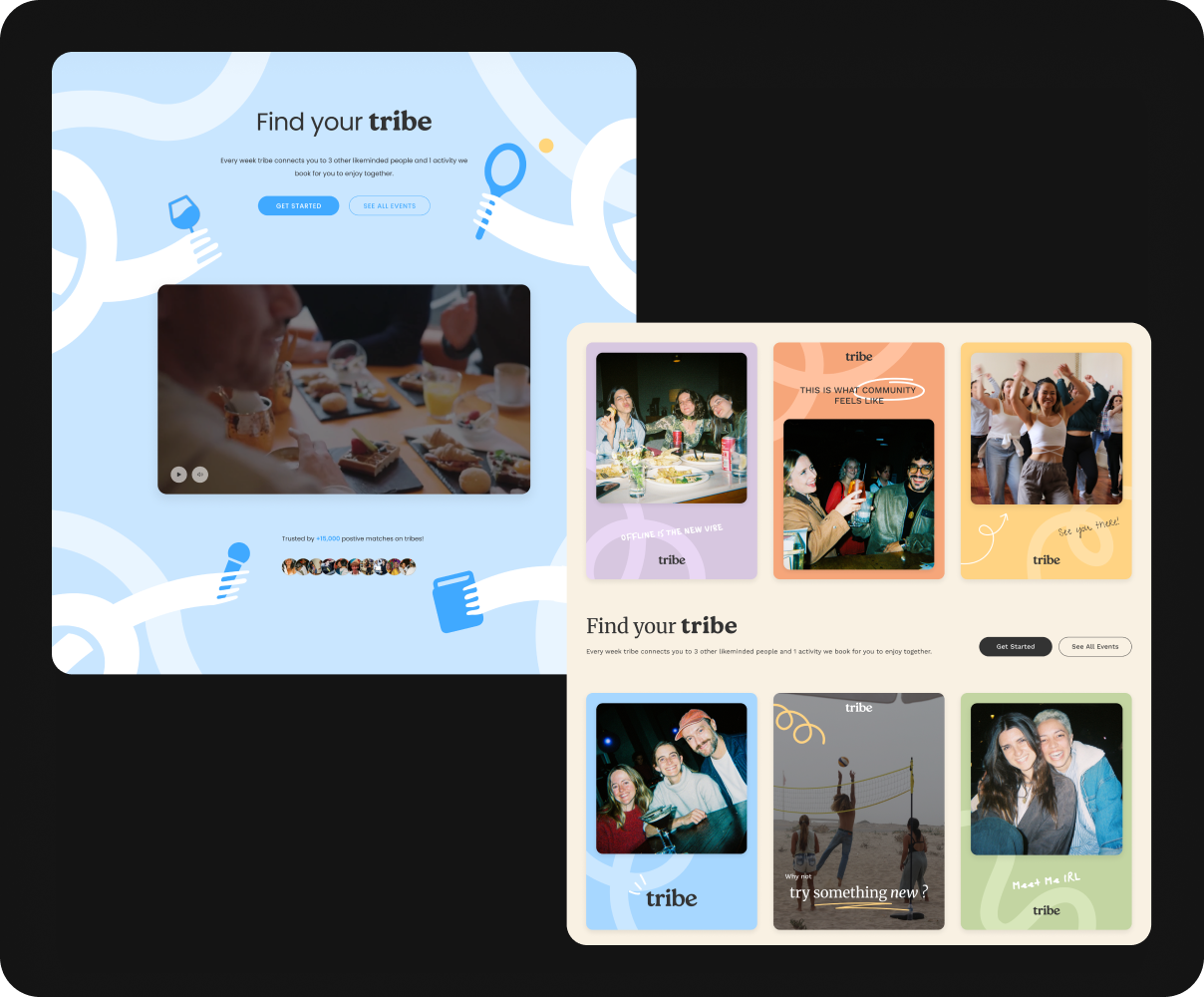 Tribe early concept exploration showing homepage and community cards