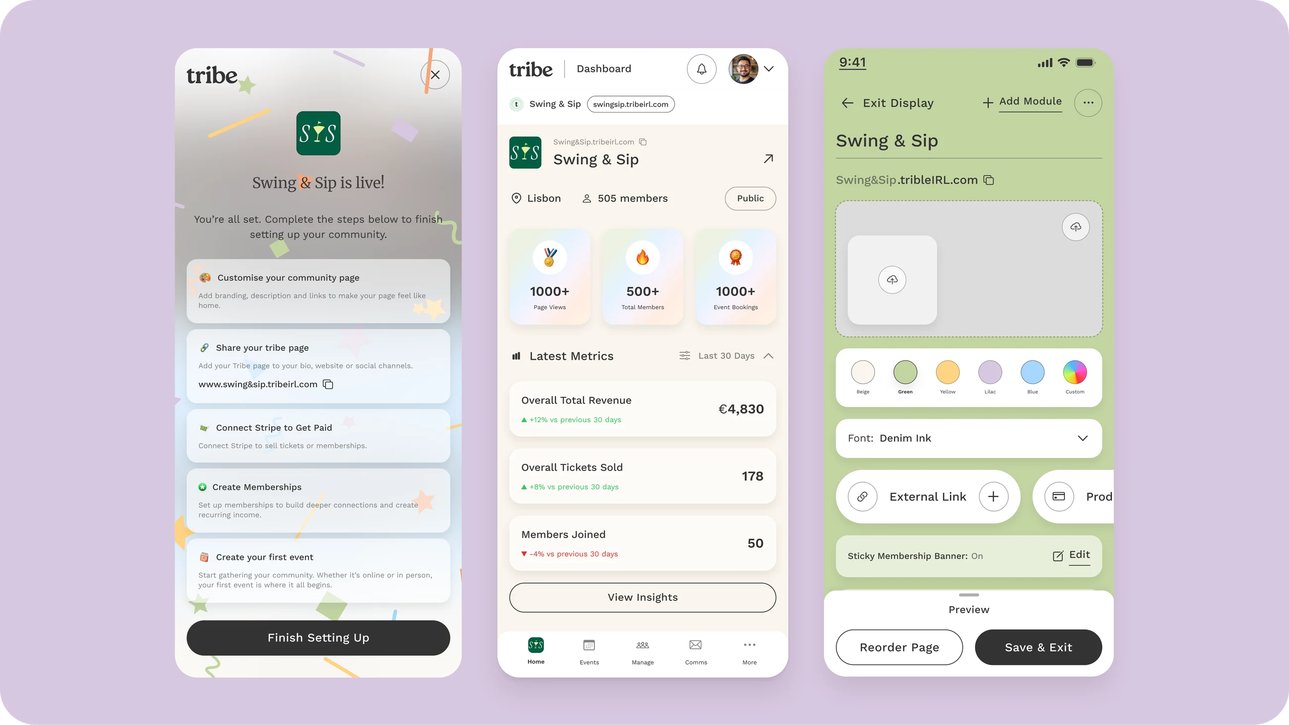 Tribe community setup dashboard with insights and page builder