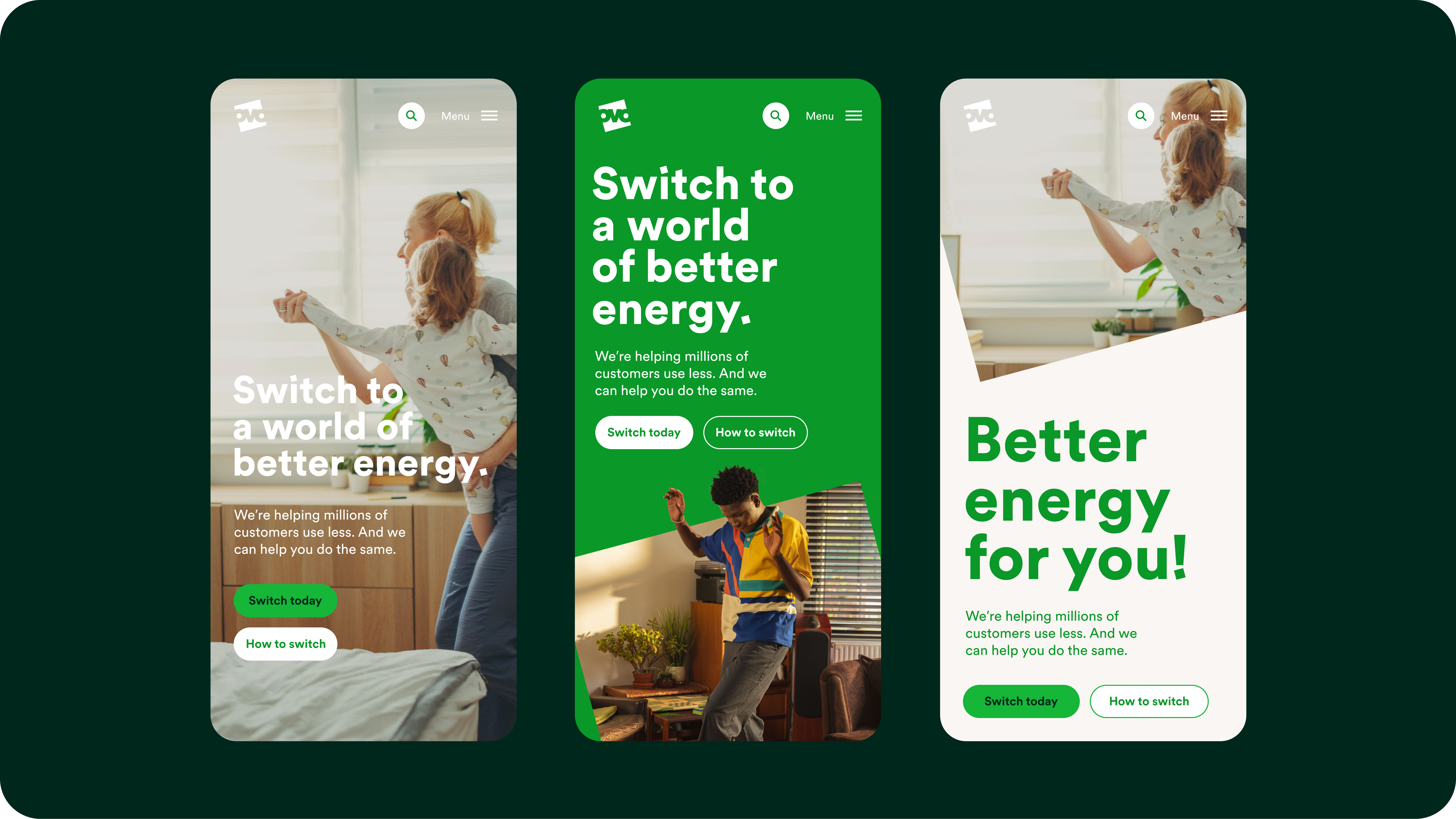 OVO Energy switch landing page across three mobile screens