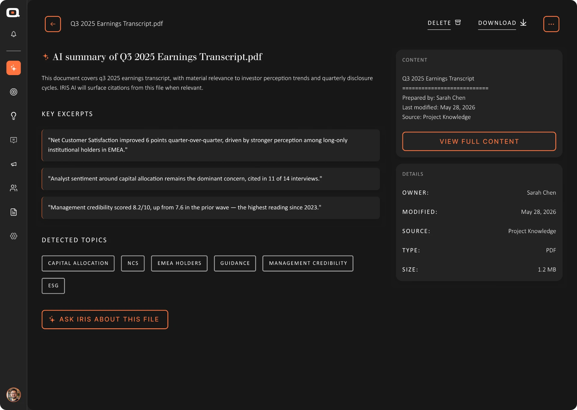 Iris answer with cited financial records