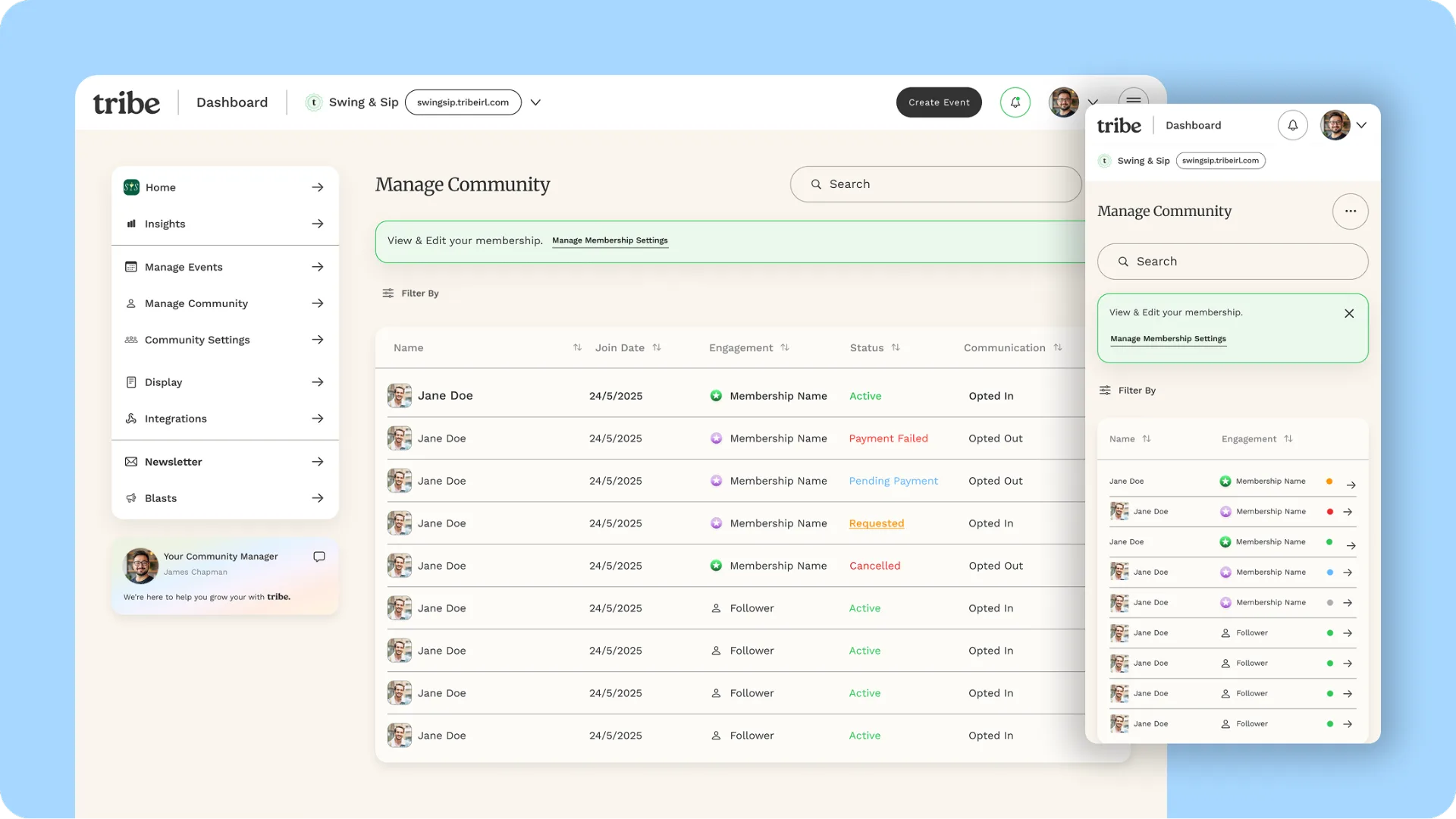Tribe community manager dashboard with membership management table