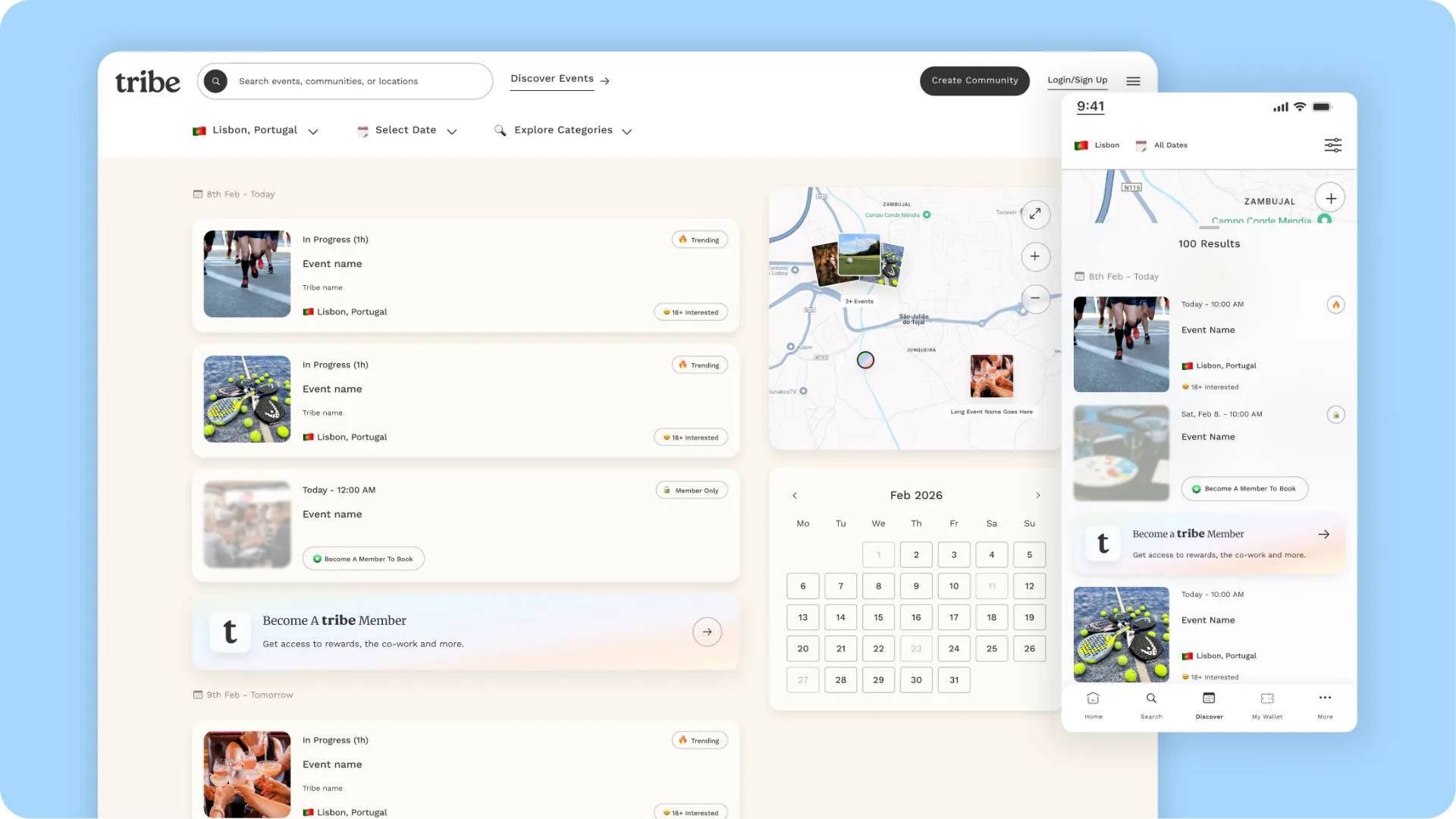 Tribe events discovery with map and calendar