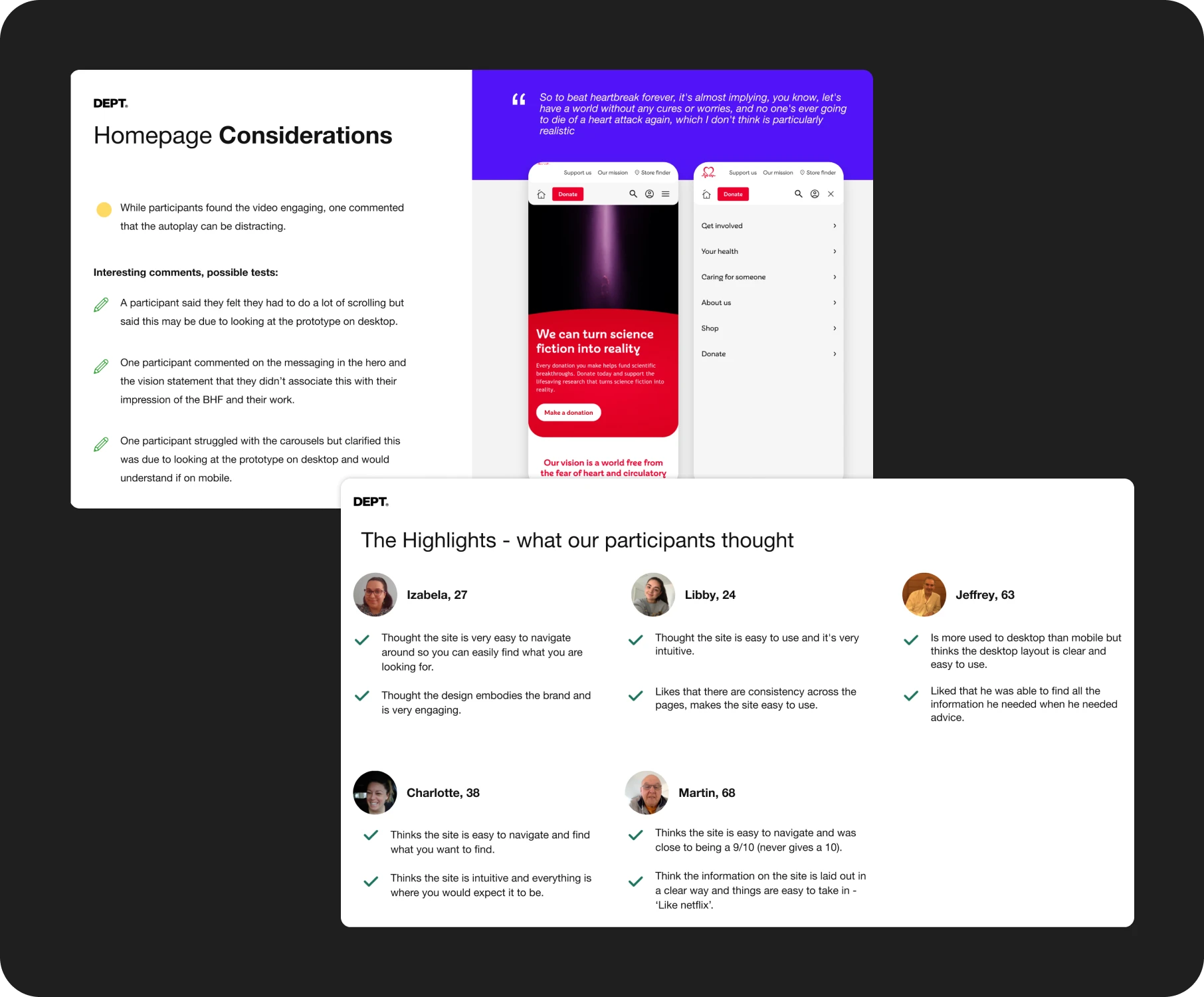 BHF prototype flows and user testing findings