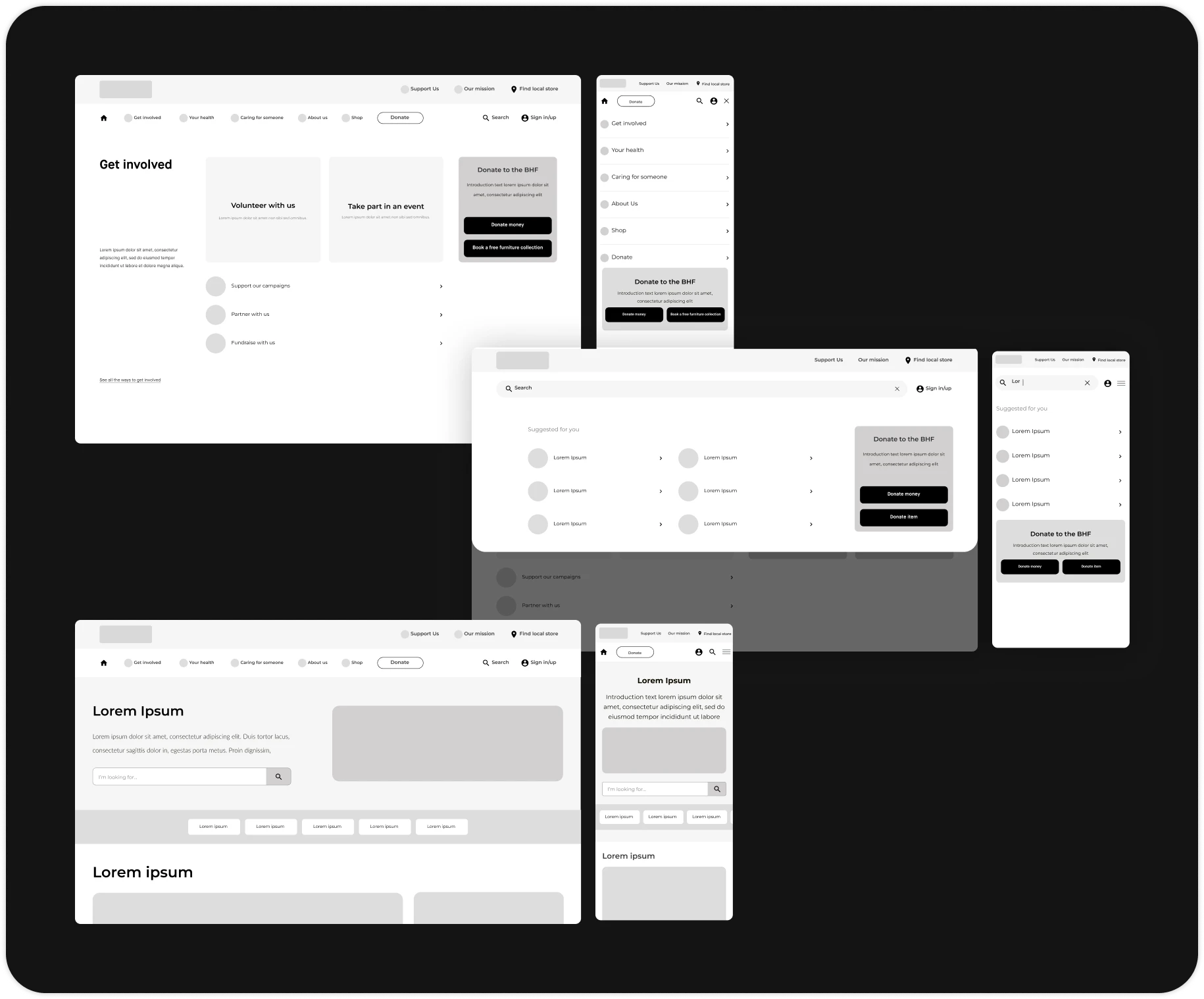 BHF wireframes showing desktop and mobile page layouts