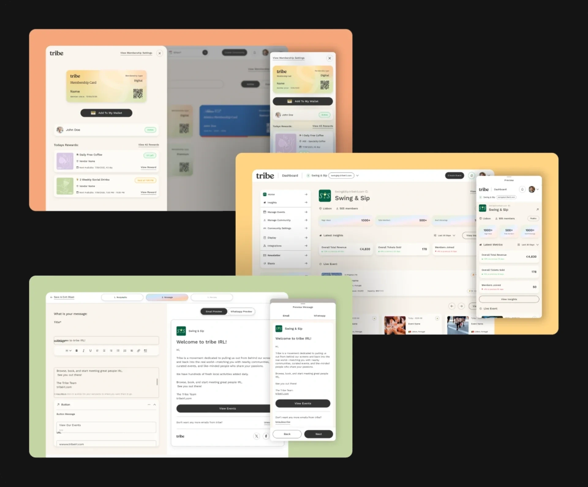 Tribe membership, dashboard and email broadcast design screens