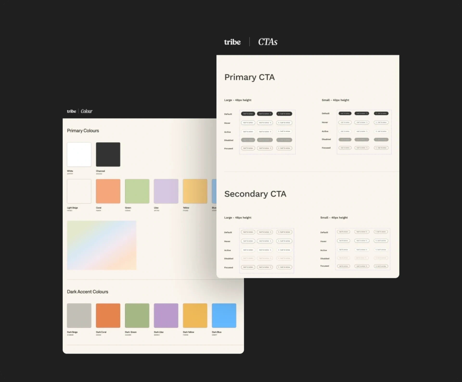 Tribe design system, colour palette, gradients and CTA component states