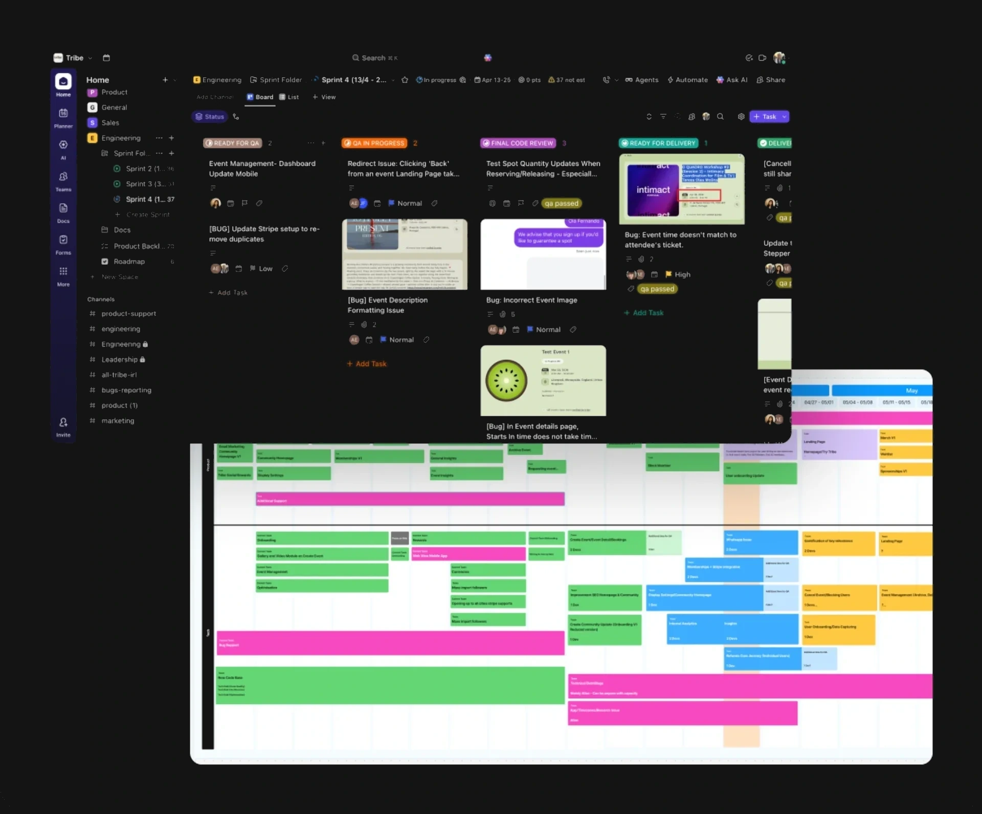 Tribe project management board with sprint tasks and roadmap