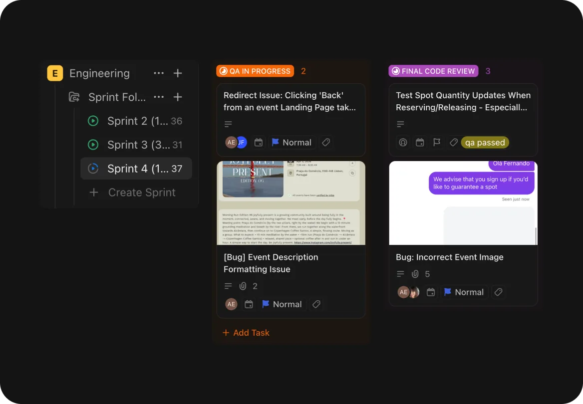 ClickUp sprint board showing tasks across QA, in progress, code review and ready for delivery